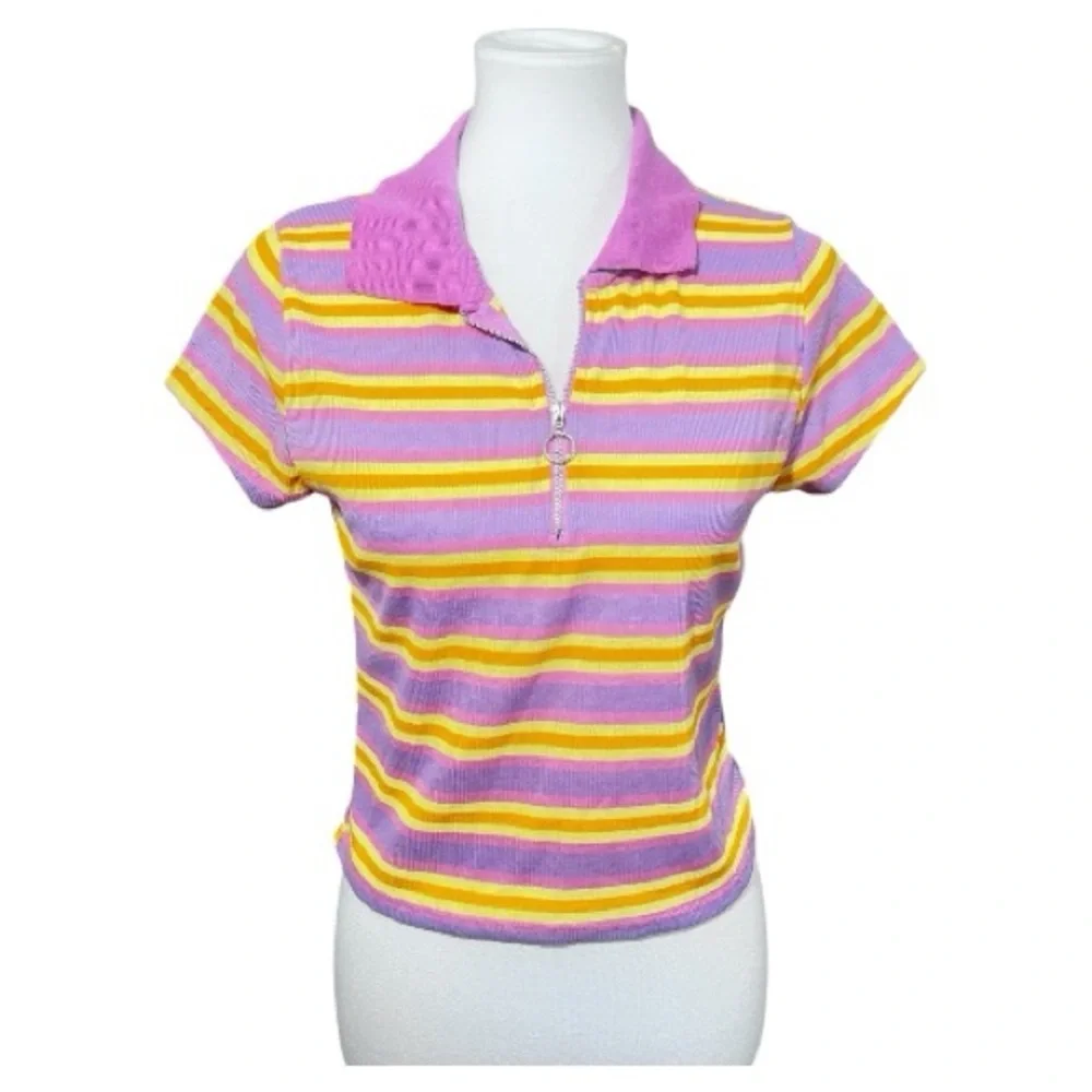 Rue 21 Y2K Pink Yellow Striped Ribbed Zip Crop Top
